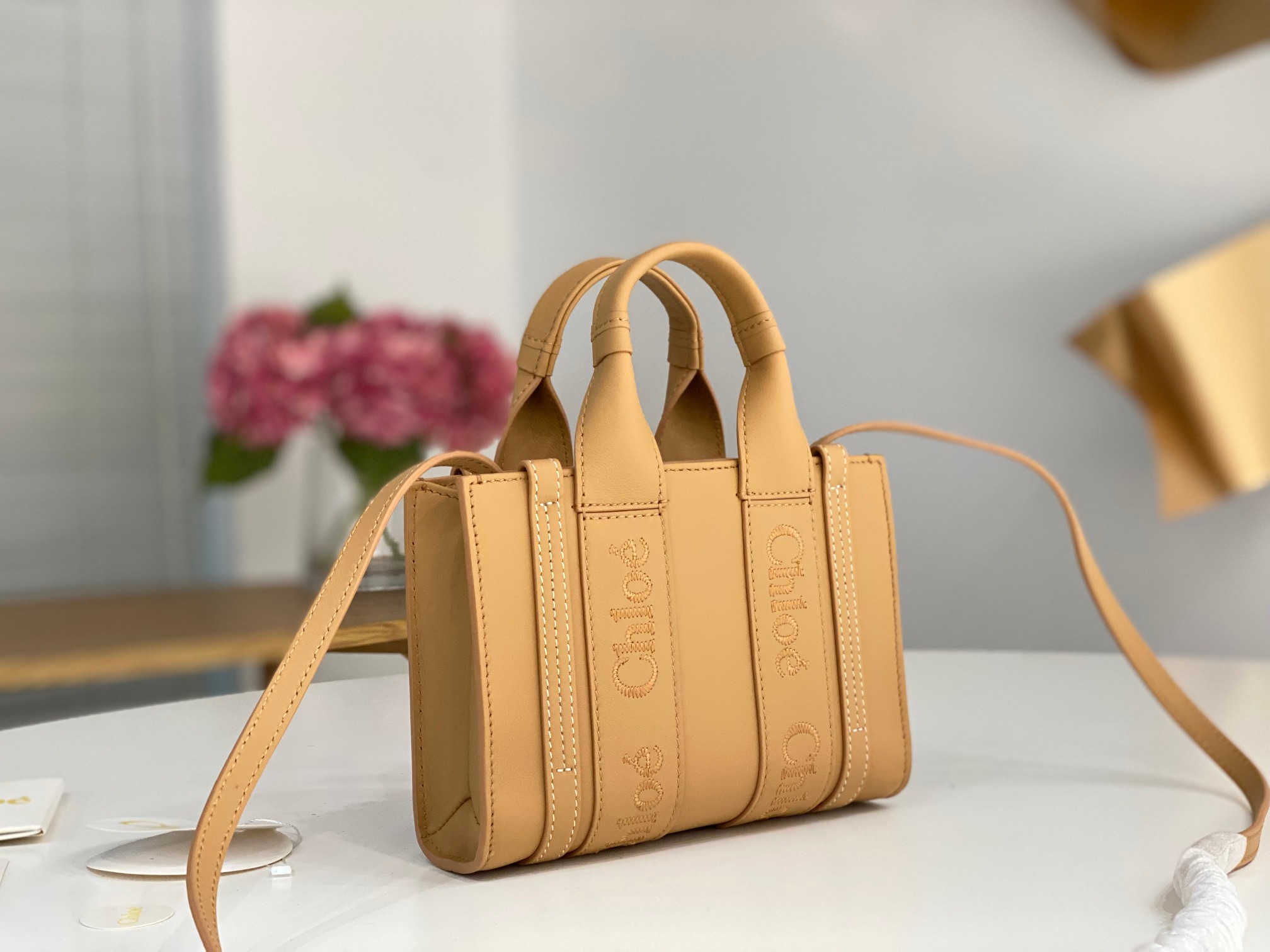 Chloe Mini Woody Tote Bag In Milky Brown Soft Smooth Calfskin Leather